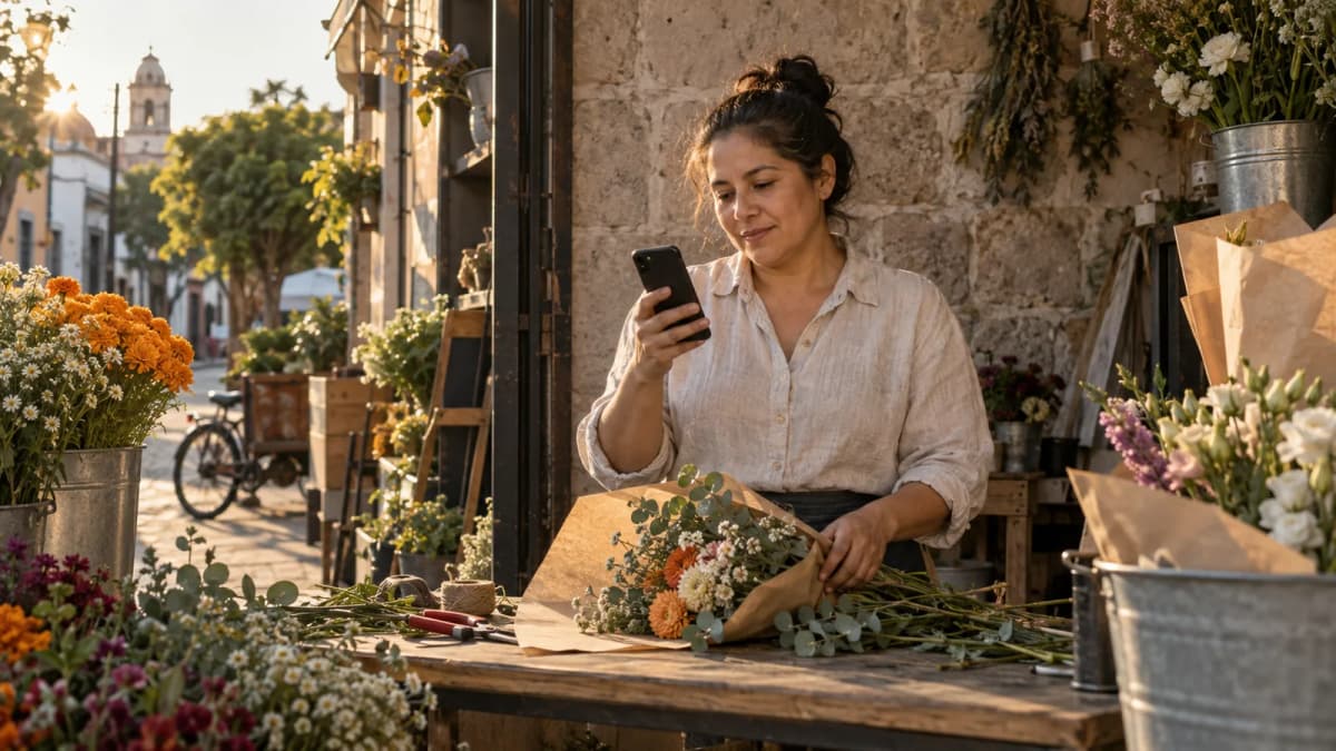 A florist checks her phone behind a flower stall in warm evening light.