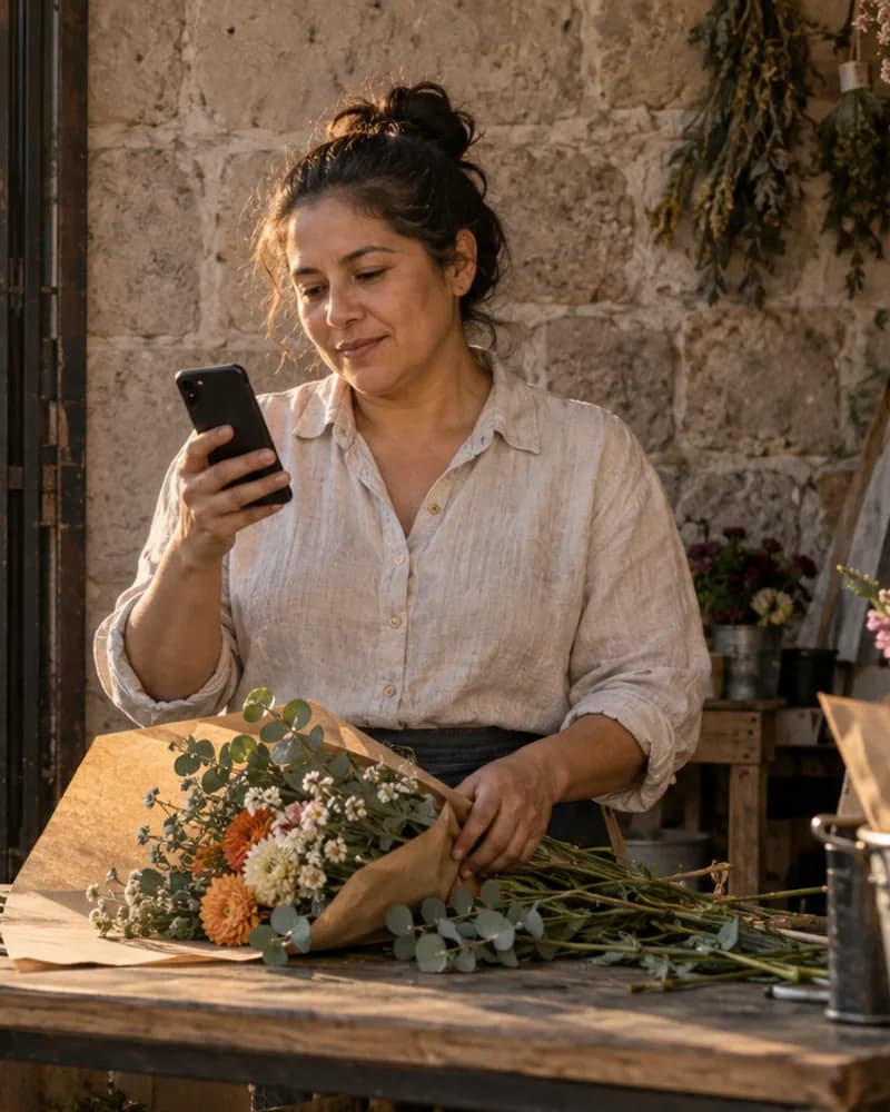 A florist checks her phone behind a flower stall in warm evening light.