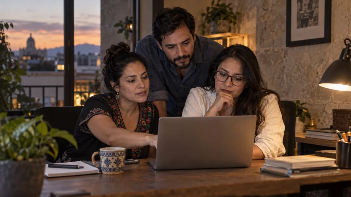 Three colleagues review a laptop together at dusk.