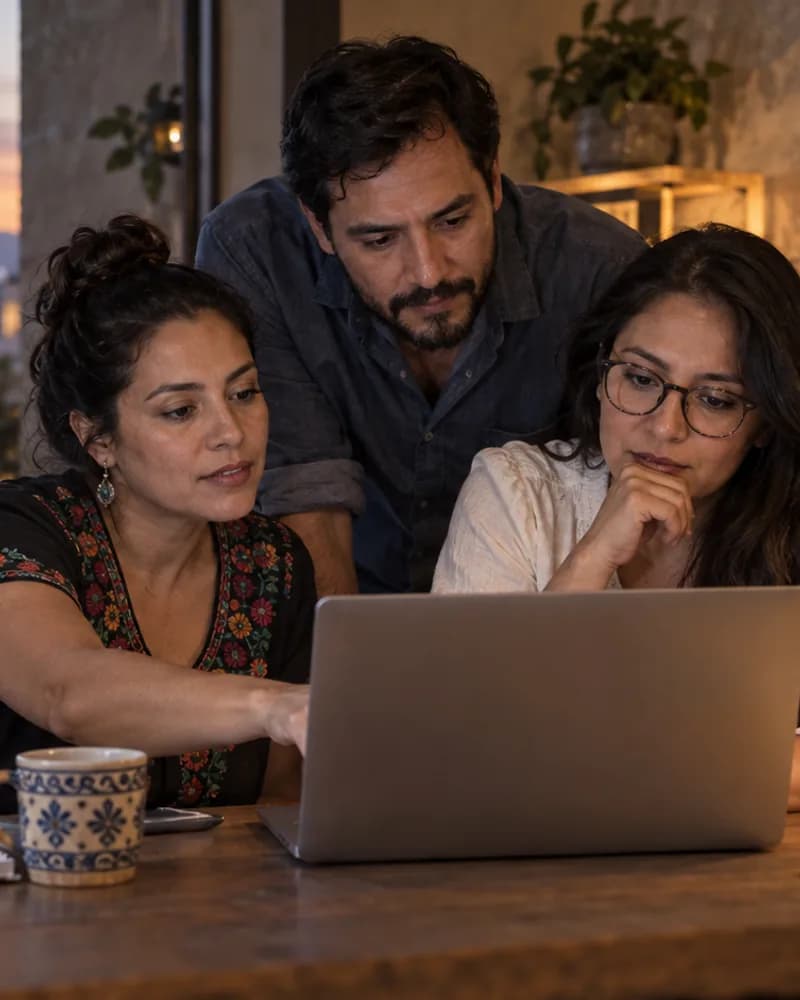 Three colleagues review a laptop together at dusk.
